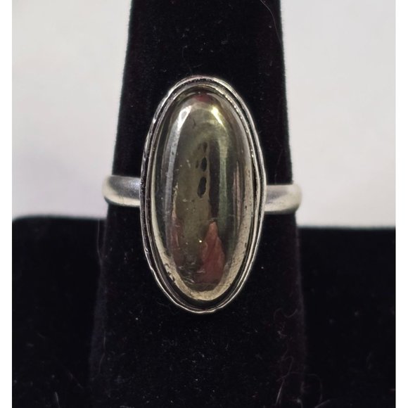 Handmade Jewelry - 925 Sterling Silver Plt Pyrite Ring Size 9 Raised Oval Bezel Setting Jewelry